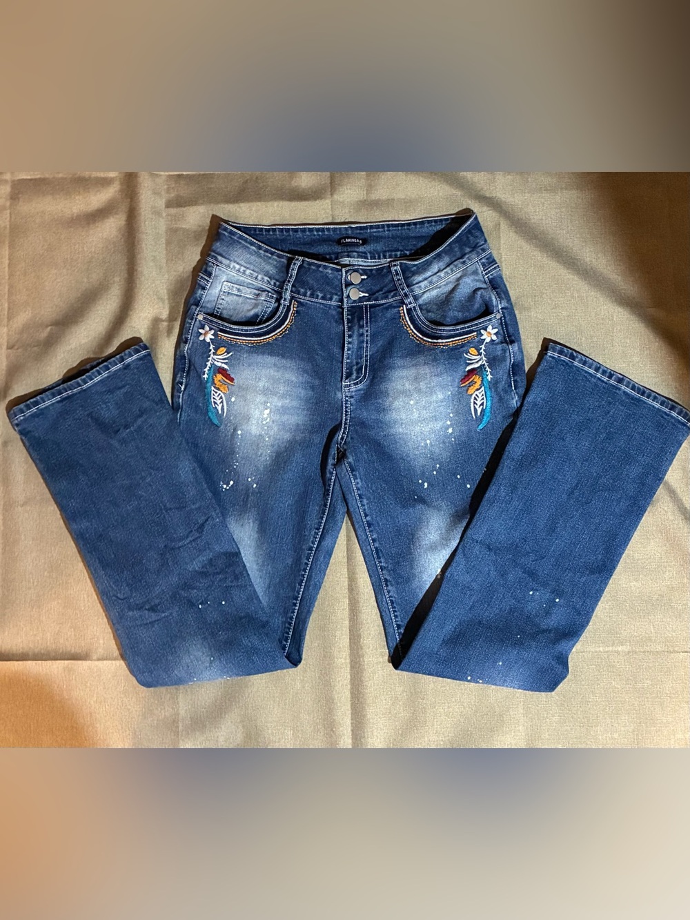Flamingals Mid-rise Bootcut Embroidered Paint Splatter Denim Jeans Embellished L - Picture 8 of 13
